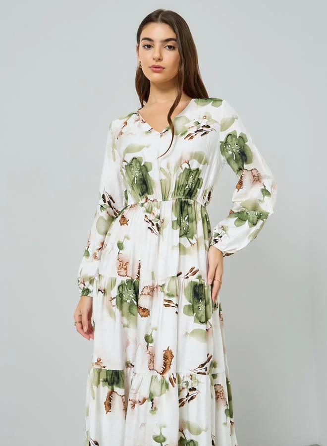 Styli Women Green Floral Print Balloon Sleeves Midi Dress
